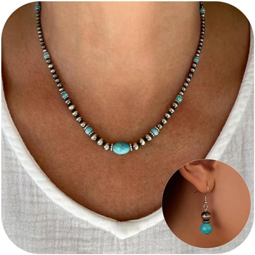 Turquoise Pearl Necklace & Earring Set Western Boho - Picture 8 of 8